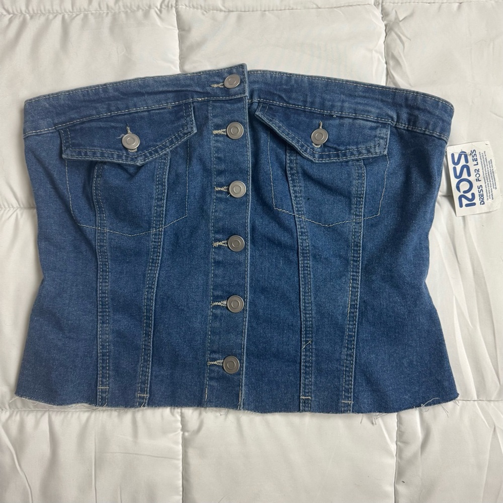Project Rebel Denim Button Front Corset Bustier Strapless Crop Top L Cowgirl NWT